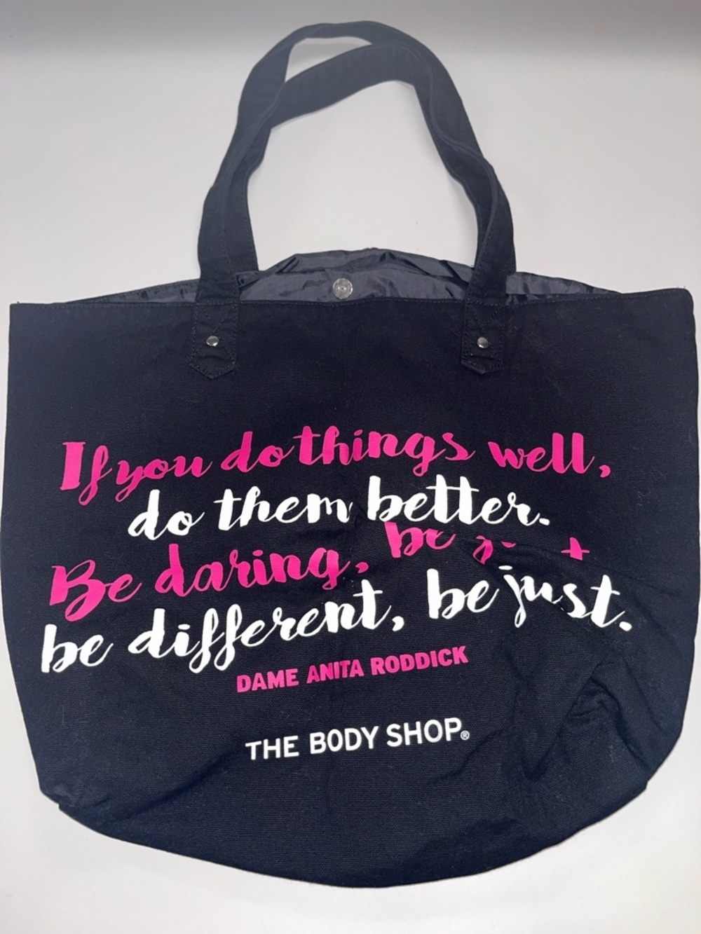 The Body Shop Black Tote with Pink & White Script Quote